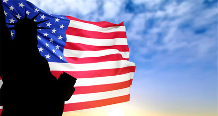 SIlhouette of Statue of Liberty on the background of flag USA. 3d-image, 3d-renderingの写真素材