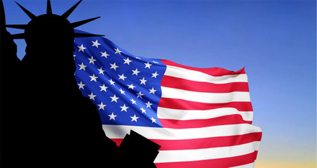 SIlhouette of Statue of Liberty on the background of flag USA. 3d-image, 3d-renderingの写真素材