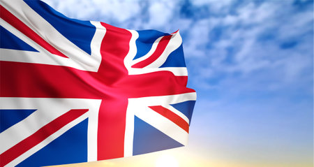 National flag of United Kingdom on sky. Lowered UK flag. 3d-image. 3d-image, 3d-renderingの写真素材