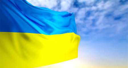 Ukraine flag on background of sunset or sunriseの写真素材