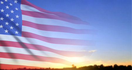 USA flag on background of sunset or sunrise. Greeting card for Veterans Day or Memorial Day.の写真素材