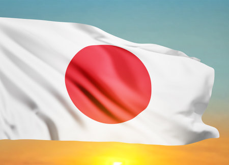 Japan flag on background of sunset or sunriseの写真素材