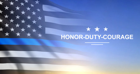 Thin Blue Line. American flag with police blue line.の写真素材
