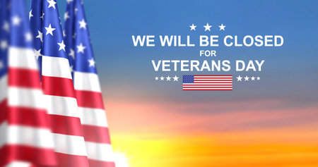 USA flag on background of sunset or sunrise. Greeting card for Veterans Day or Memorial Day. We will be closed fo Veterans Day. 3D-image, 3D-renderingの写真素材