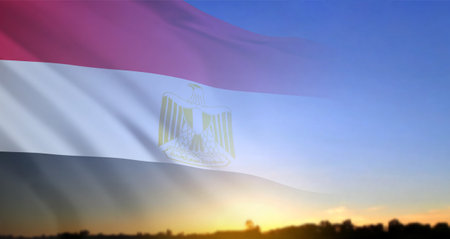 National flag of Egypt on background of a sunset or sunrise. National Holidays background. 3D-image, 3D-renderingの写真素材