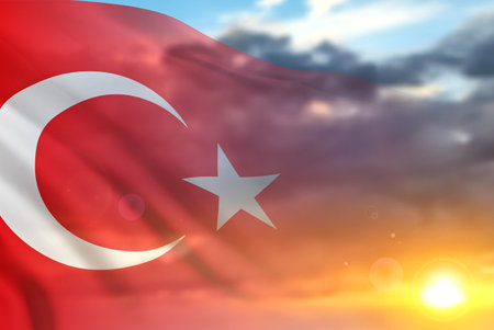 National flag of Turkey on background of a cloudy sunset. National holidays background. 3D-image, 3D-renderingの写真素材