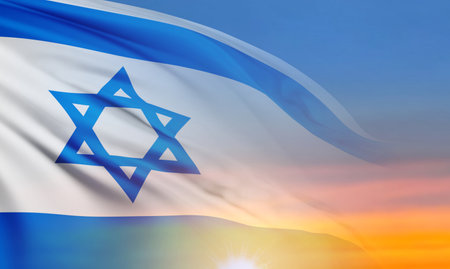 National flag of Israel on background of a sunset or sunrise. National Holidays background. 3D-image, 3D-renderingの写真素材