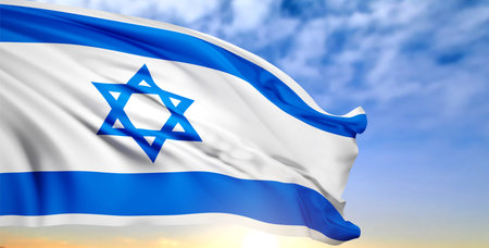 National flag of Israel on background of a sunset or sunrise. National Holidays background. 3D-image, 3D-renderingの写真素材