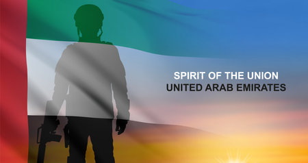 Silhouette of a soldier on background of the sunrise and UAE flag. Armed Forces of United Arab Emirates. Concept for Commemoration Day, Martyrs Day. 3D image, 3D renderingの写真素材
