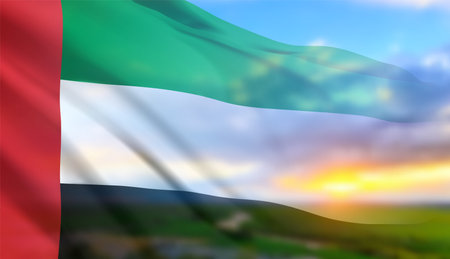 UAE flag on background of sunset or sunrise. Concept for National Holidays. 3D image, 3D renderingの写真素材