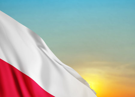 National flag of Poland on background of sunset. 3D image, 3D renderingの写真素材