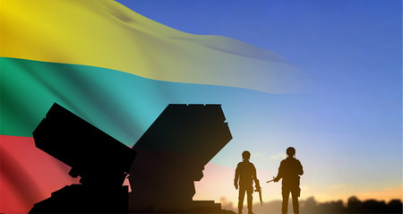 Anti-aircraft missile defense system on background at the sky at sunset with Lithuania flag. Air defense concept. eps10 vectorのイラスト素材