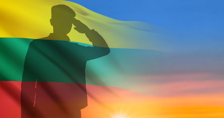 Silhouette of saluting soldier with the flag of Lithuania on the background of sunset. Armed forces of Lithuania. Greeting card - Armed Forces day. ESP10 vectorのイラスト素材