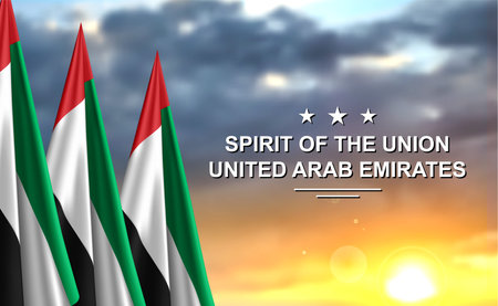 UAE flag on background of sunset or sunrise. Concept for National Holidays. 3D image, 3D renderingの写真素材