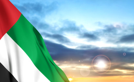 UAE flag on background of cloudy sunset or sunrise. Concept for National Holidays. 3D image, 3D renderingの写真素材