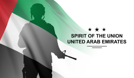 Silhouette of soldier with the flag of UAE on white background. Armed forces of the United Arab Emirates. Concept for Commemoration Day, Martyrs Day, National Day. eps10 vectorのイラスト素材