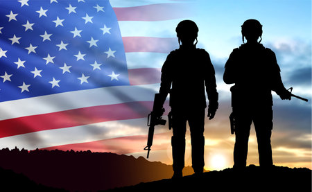 USA army soldiers on a background of sunset and USA flag. USA armed forces. National holiday concept. 3d rendering, 3d renderingの写真素材