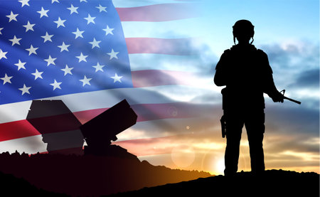 USA air defense concept. Anti aircraft system with USA army soldier on the background of the USA flag against on the sunset or sunrise. 3d rendering, 3d renderingの写真素材