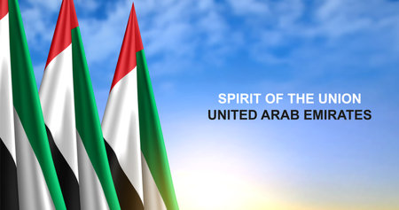 UAE flags on background of sunset or sunrise. Concept for National Holidays. eps10 vectorのイラスト素材