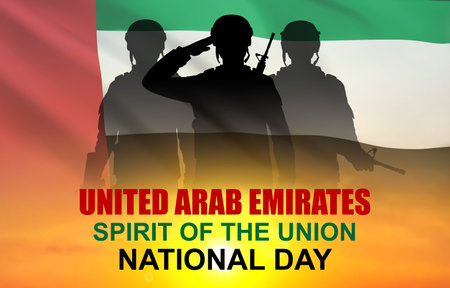 Silhouette of a soldier on the background of the sunrise and UAE flag. Armed forces of the United Arab Emirates. Concept for Commemoration Day, Martyrs Day. ESP10 vectorのイラスト素材