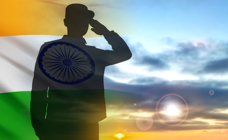 Silhouette of soldier saluting on a background of India flag and the sunset. Greeting card for National Holidays. Indian celebration. ESP10 vectorのイラスト素材