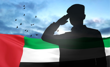 Silhouette of a solider saluting on a background of sunset and UAE flag. UAE national holidays concept. National Day, Commemoration Day. eps10 vectorのイラスト素材