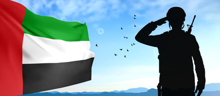 Silhouette of a solider saluting on a background of sunset and UAE flag. UAE national holidays concept. National Day, Commemoration Day. eps10 vectorのイラスト素材