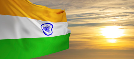 National flag of India on the sky with sunset or sunrise