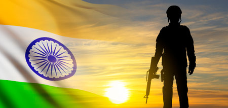 Silhouette of a soldier with India flag on a background the sky. Greeting card for Independence day, Republic Day, Vijay Diwasの写真素材
