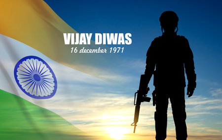 Silhouette of a soldier with India flag on a background the sky. Greeting card for Independence day, Republic Day, Vijay Diwas. eps10 vectorのイラスト素材