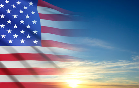 USA flag on background of sunset or sunrise. Greeting card for Veterans Day or Memorial Day. eps10 vectorのイラスト素材