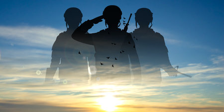 Military silhouettes of soldiers against the sunset or sunrise. Concept for Armed Forces Day. eps10 vectorのイラスト素材