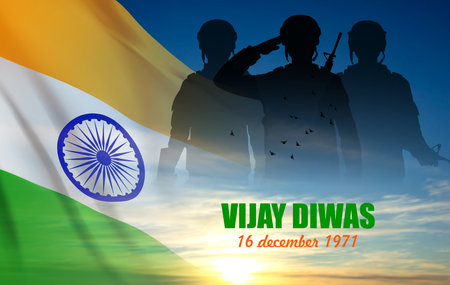 Silhouette of soldiers with India flag on a background the sky. Greeting card for Independence day, Republic Day, Vijay Diwas. eps10 vectorのイラスト素材