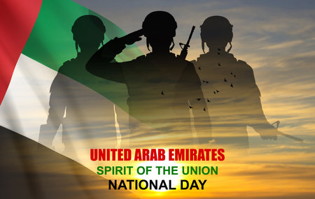 Silhouette of a soldier on the background of the sunrise and UAE flag. Background for Commemoration Day, Martyrs Day. eps10 vectorのイラスト素材