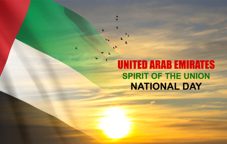 UAE flag on background of cloudy sunset or sunrise. Background for National Day. eps10 vectorのイラスト素材