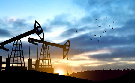 Silhouette of oil pump. Industrial machine for petroleum on background of sunset. eps10 vectorのイラスト素材