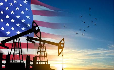 Silhouette of oil pump. Industrial machine for petroleum on background of sunset. USA Oil Industry concept. eps10 vectorのイラスト素材