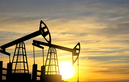 Silhouette of oil pump. Industrial machine for petroleum on background of sunset. eps10 vectorのイラスト素材