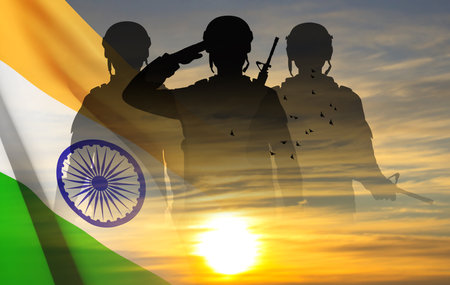 Silhouette of soldiers with India flag on a background the sunset or the sunrise. Greeting card for Independence day, Republic Day, Vijay Diwas. eps10 vectorのイラスト素材