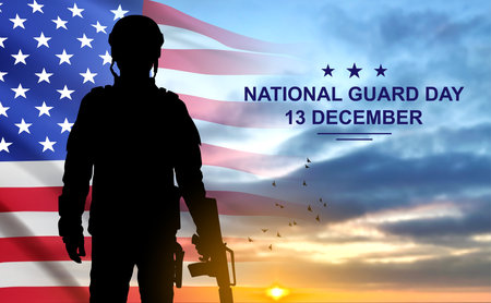 Silhouette of army soldier with USA flag on a background the sunset or the sunrise. Greeting card for National Guard Day -13 December. eps10 vectorのイラスト素材