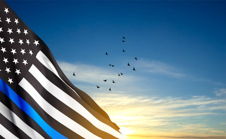 thin blue line. American flag with police blue line on a background of sunset. Support of police and law enforcement. eps10 vectorのイラスト素材