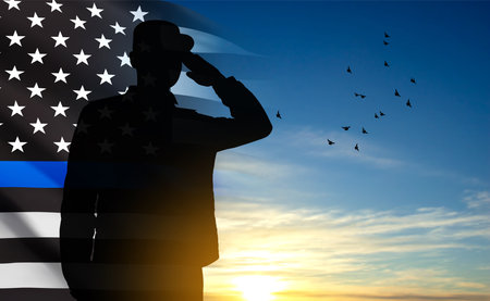 thin blue line. American flag with police blue line on a background of sunset. Support of police and law enforcement.のイラスト素材