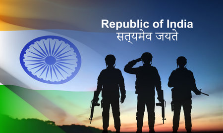 Silhouette of soldiers with India flag on a background the sunset or the sunrise. Greeting card for Independence day, Republic Day, Vijay Diwas. vectorのイラスト素材