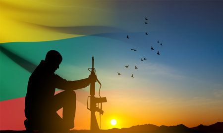 Silhouette of soldier kneeling down with the flag of Lithuania on the background of sunset. Armed forces of Lithuania. Greeting card - Armed Forces day. eps10 vectorのイラスト素材