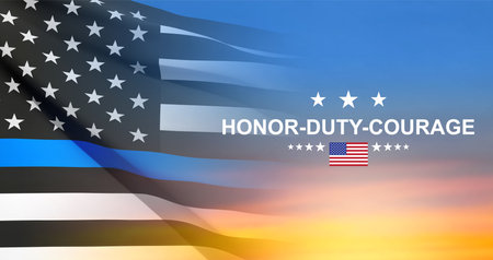 thin blue line. American flag with police blue line on a background of sunset. Support of police and law enforcement. eps10 vectorのイラスト素材