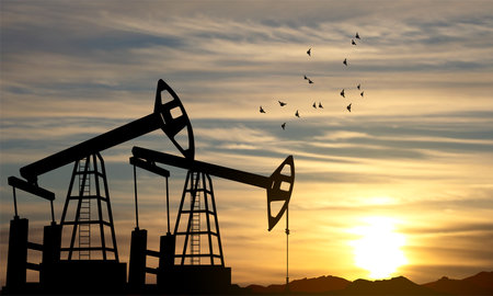 Silhouette of oil pump. Industrial machine for petroleum on background of sunset. eps10 vectorのイラスト素材