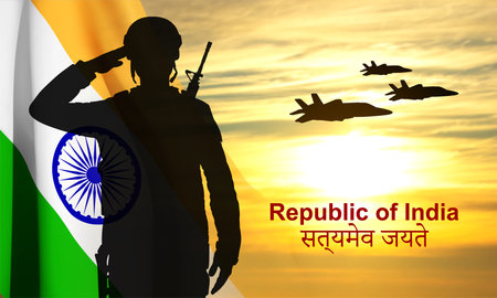 Silhouette of soldier with India flagのイラスト素材