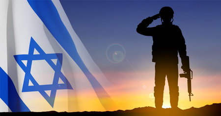 Silhouette of soldier with Israel flagのイラスト素材