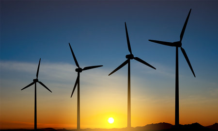 Wind turbines farm against the sunset. wind energy concept. eps10 vector
