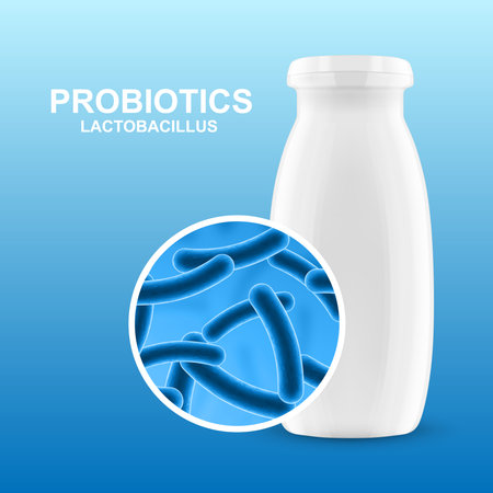 Probiotic products. Concept - Yoghurt with probiotic content. Microbiome on blue background. eps10 vectorのイラスト素材